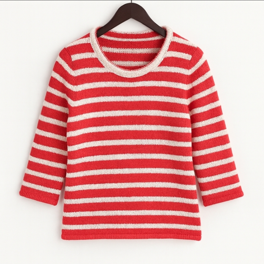 Chicos Orange And White Striped Rolled Crew Neck Sweater Sz 1